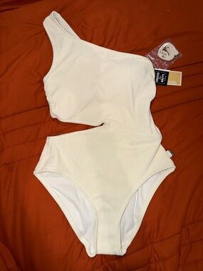 MICHAEL Michael Kors Ribbed One-Shoulder Side-Cutout Swimsuit Bone 8 BNWT